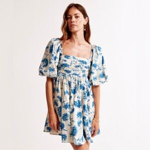 Abercrombie & Fitch Cream and Blue Floral Puff-Sleeve Mini Dress